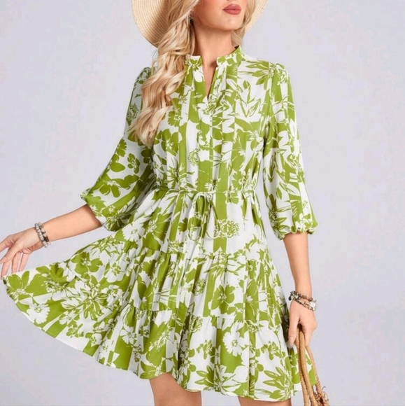 Tiered Button Down Dress With Waist Tie In Green,Bohemian,Western Wear Women - Picture 1 of 4